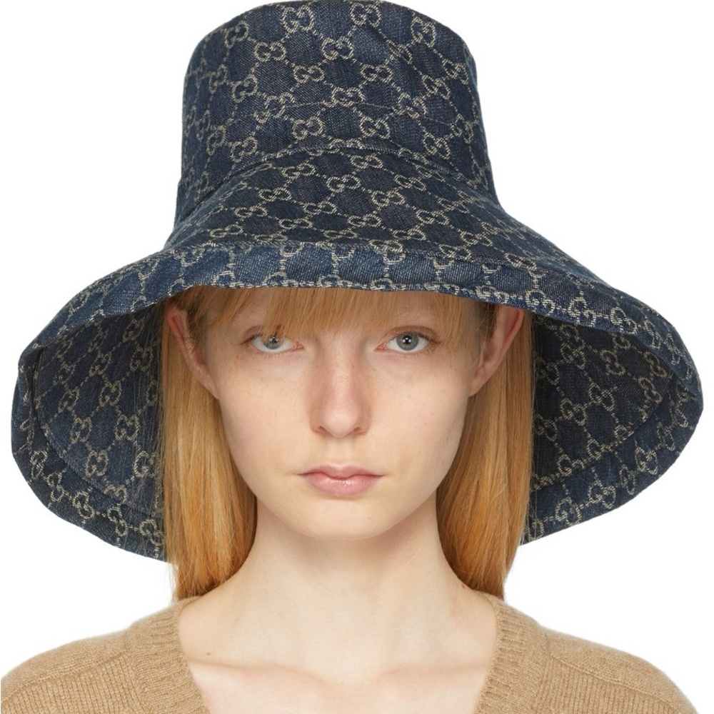Denim Navy Monogram Bucket Hat Wide Large Brim Sun Coverage Beach Jacquard
